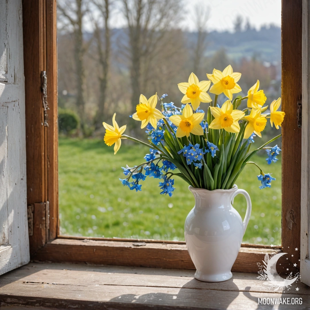 Старый потрепанный деревянный подоконник с белой фарфоровой вазой, в которой находятся нарциссы и незабудки, украшенный мягкой гирляндой огней.
