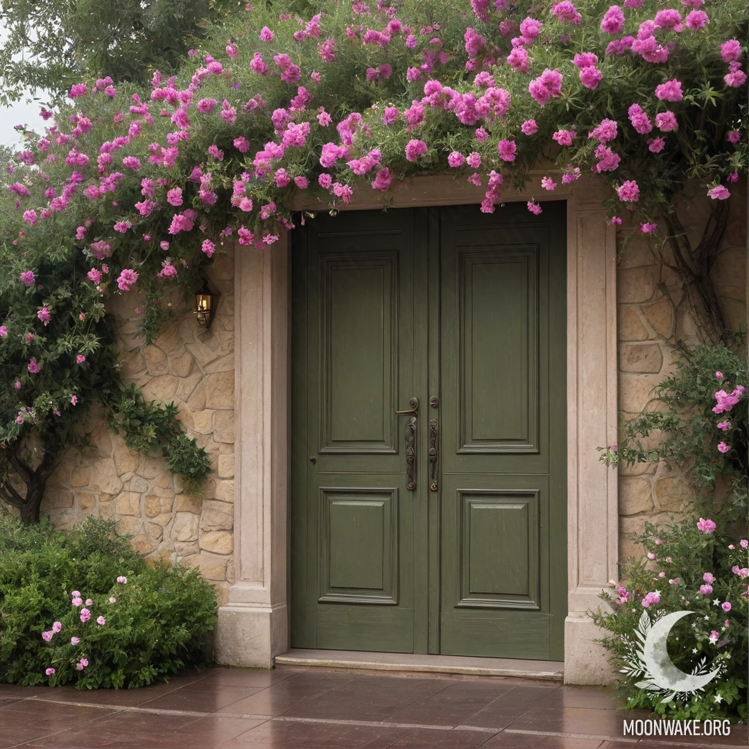 Уютная оливковая дверь под цветущим деревом с розовыми цветами под дождем.