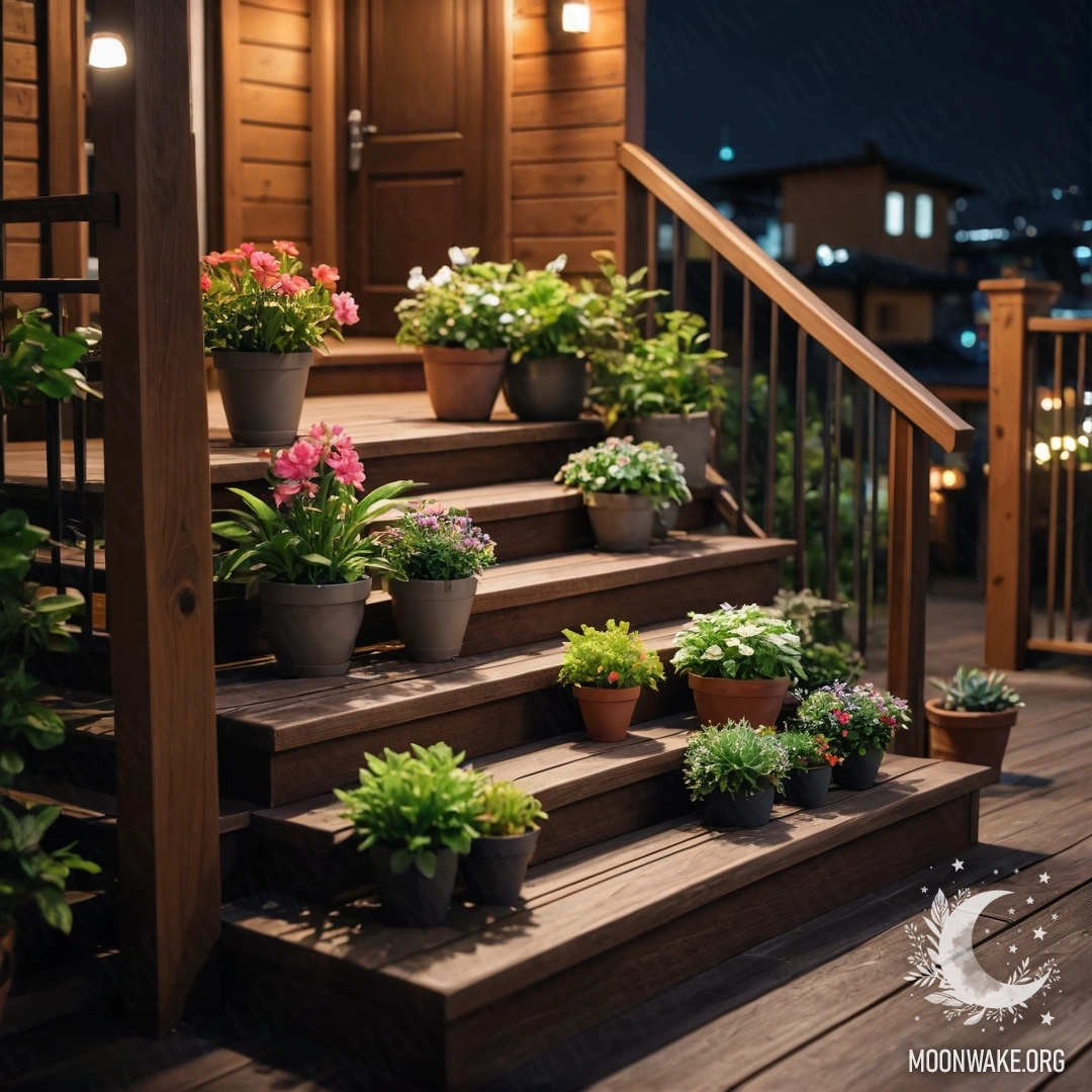 Спокойная деревянная лестница, украшенная цветочными горшками, ночью.
