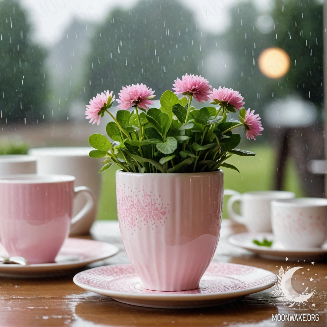 Круглая соломенная салфетка с фарфоровыми чашками белого цвета с розовым узором и клевером в белом вазе под дождем.