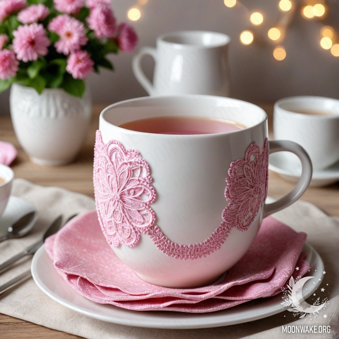 Круглая соломенная салфетка с белыми фарфоровыми чашками, украшенными розовым узором, и клевером в белой вазе, освещённой гирляндой света.