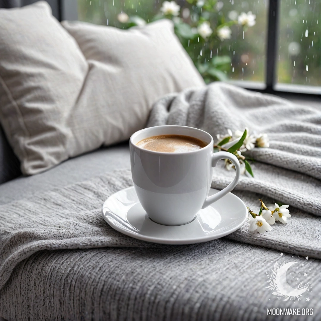 Крупный план белого стула с серым вязаным пледом, книгой, веткой с белыми цветами и белой чашкой кофе на нем, под дождем.