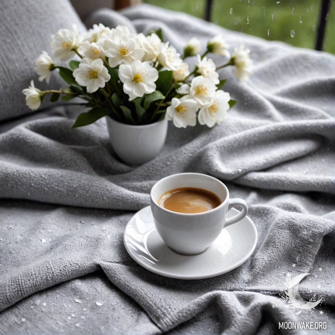 Крупный план романтичного белого кресла с серым вязаным пледем, книгой, веточкой с белыми цветами и белой чашкой кофе на нем под дождем.