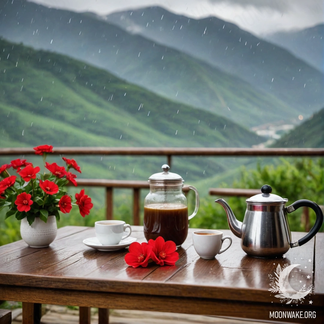 Абстрактный деревянный стол с банкой красных цветов, кофейником и чашками на фоне гор под дождем.