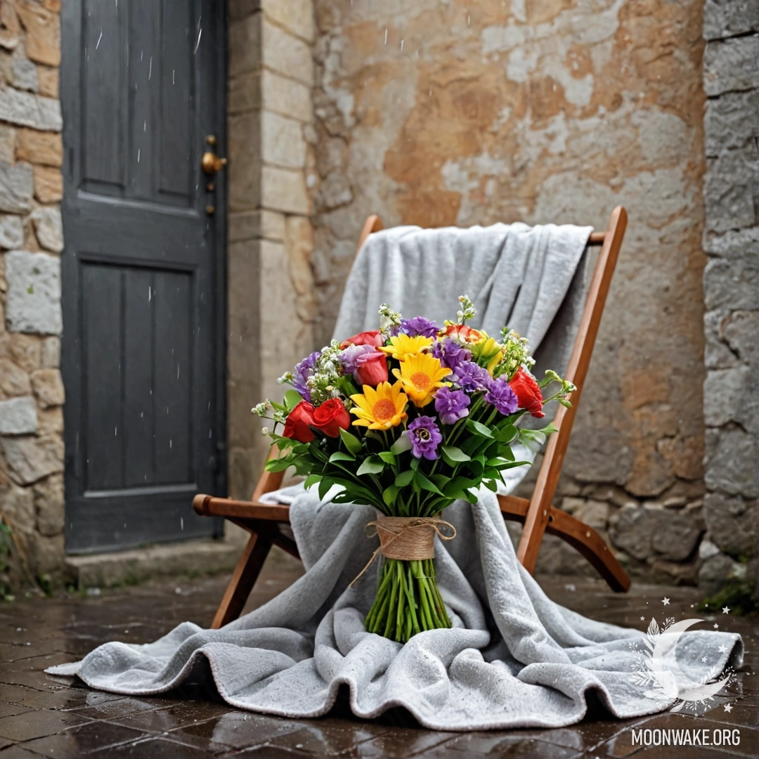 Кресло у потрепанной стены с пледом и букетом цветов под дождем.