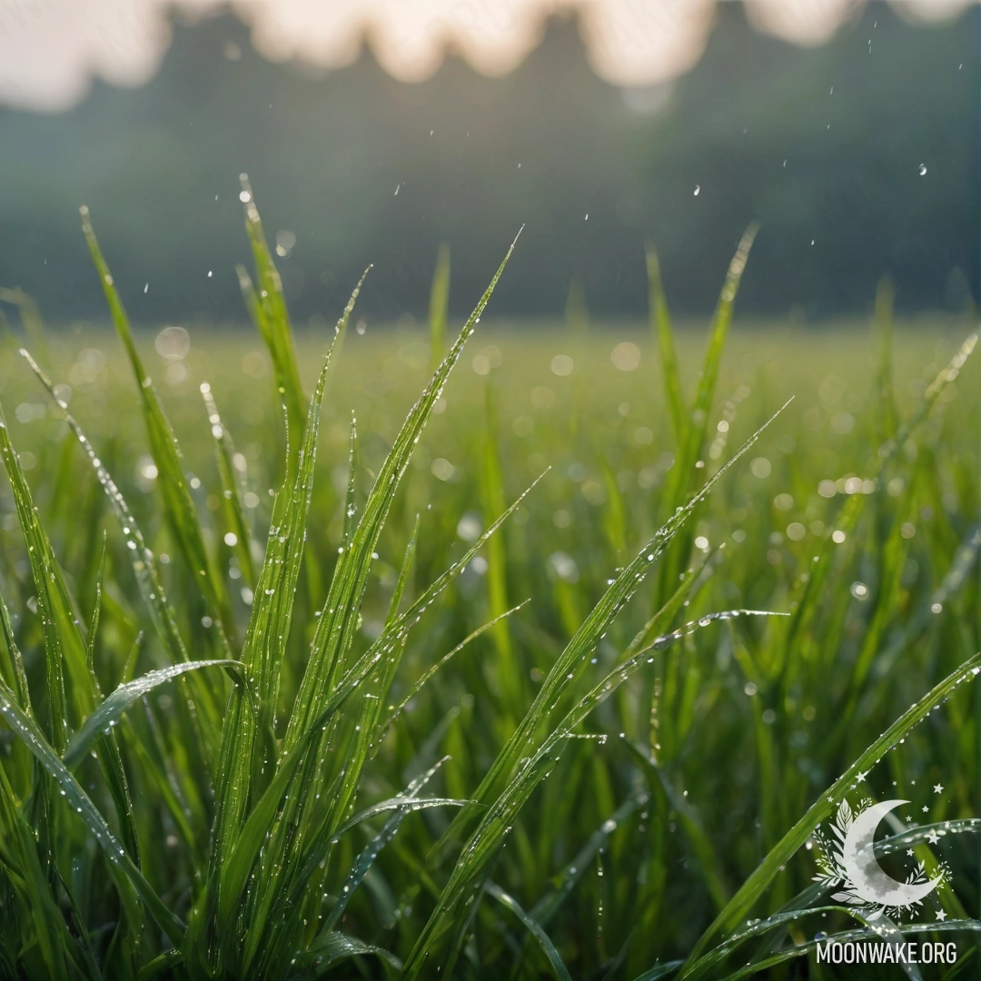 Близкий план зеленой травы на поле с размытым боке неба над ней, в дождливую погоду.