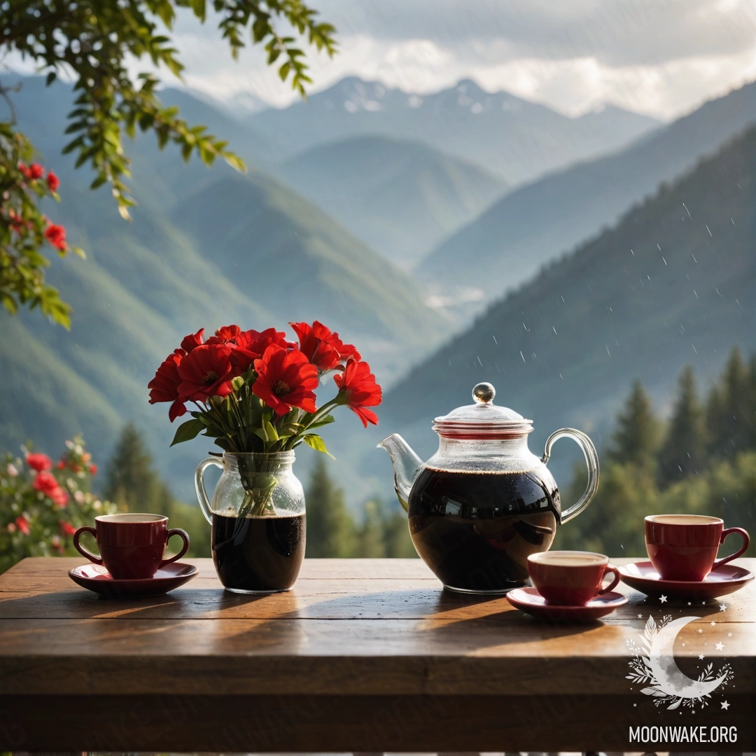 Деревянный стол с банкой красных цветов, кофейником и чашками на фоне гор под дождем.