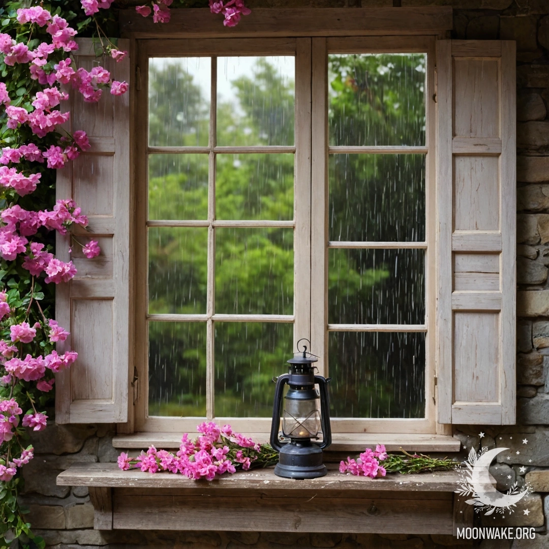 Старое деревянное окно с розовыми цветами и керосиновой лампой над ним, окруженное дождем.