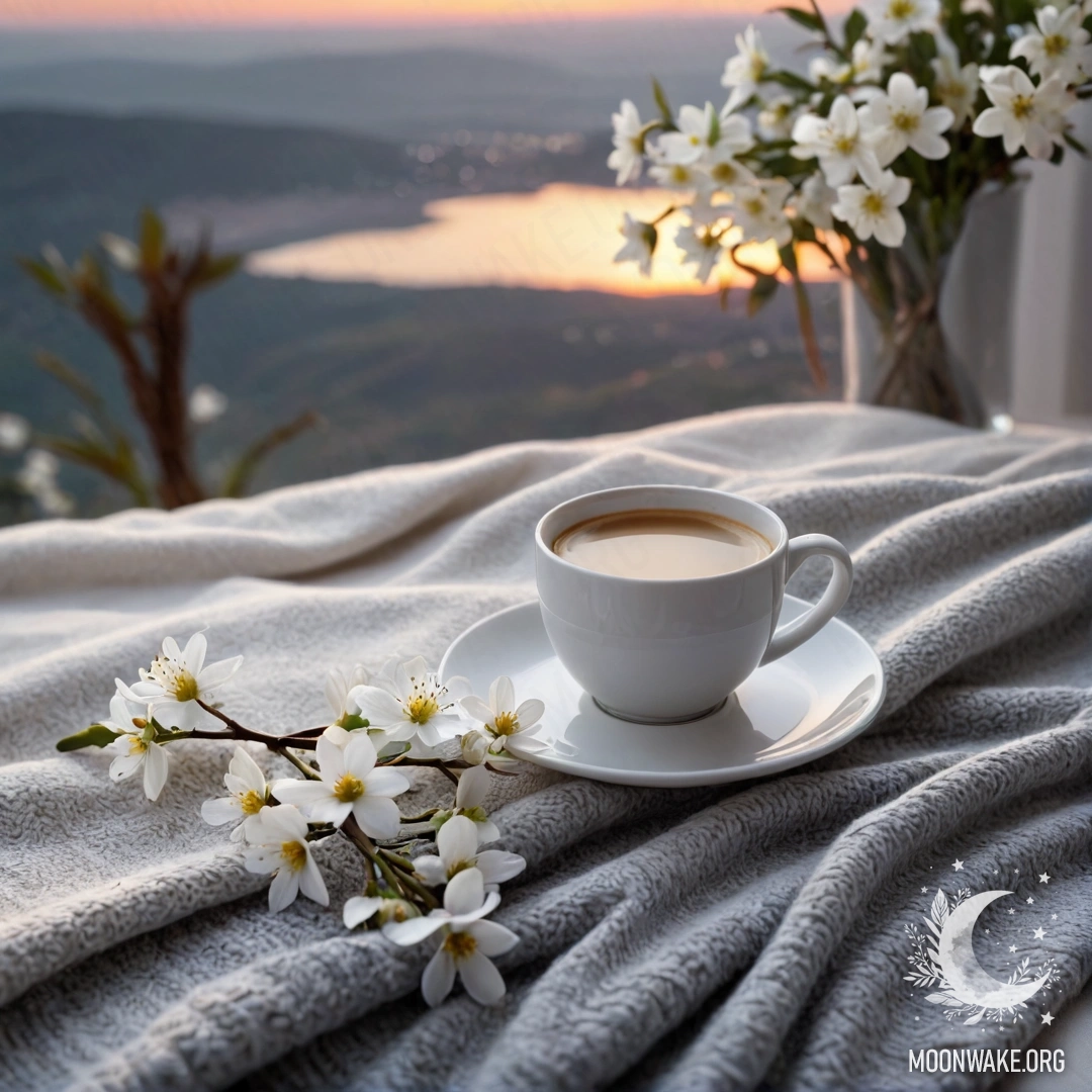 Крупный план белого кресла, на котором лежит серый вязаный плед, книга, ветка с белыми цветами и белая чашка кофе на столе, освещенные закатом.