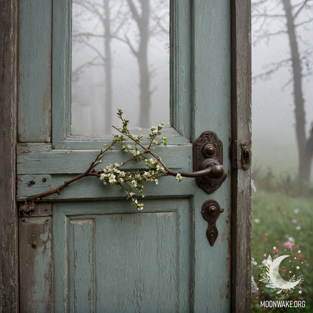 Старая обветшалая дверь, украшенная веточками и цветами, окруженная плотным туманом.