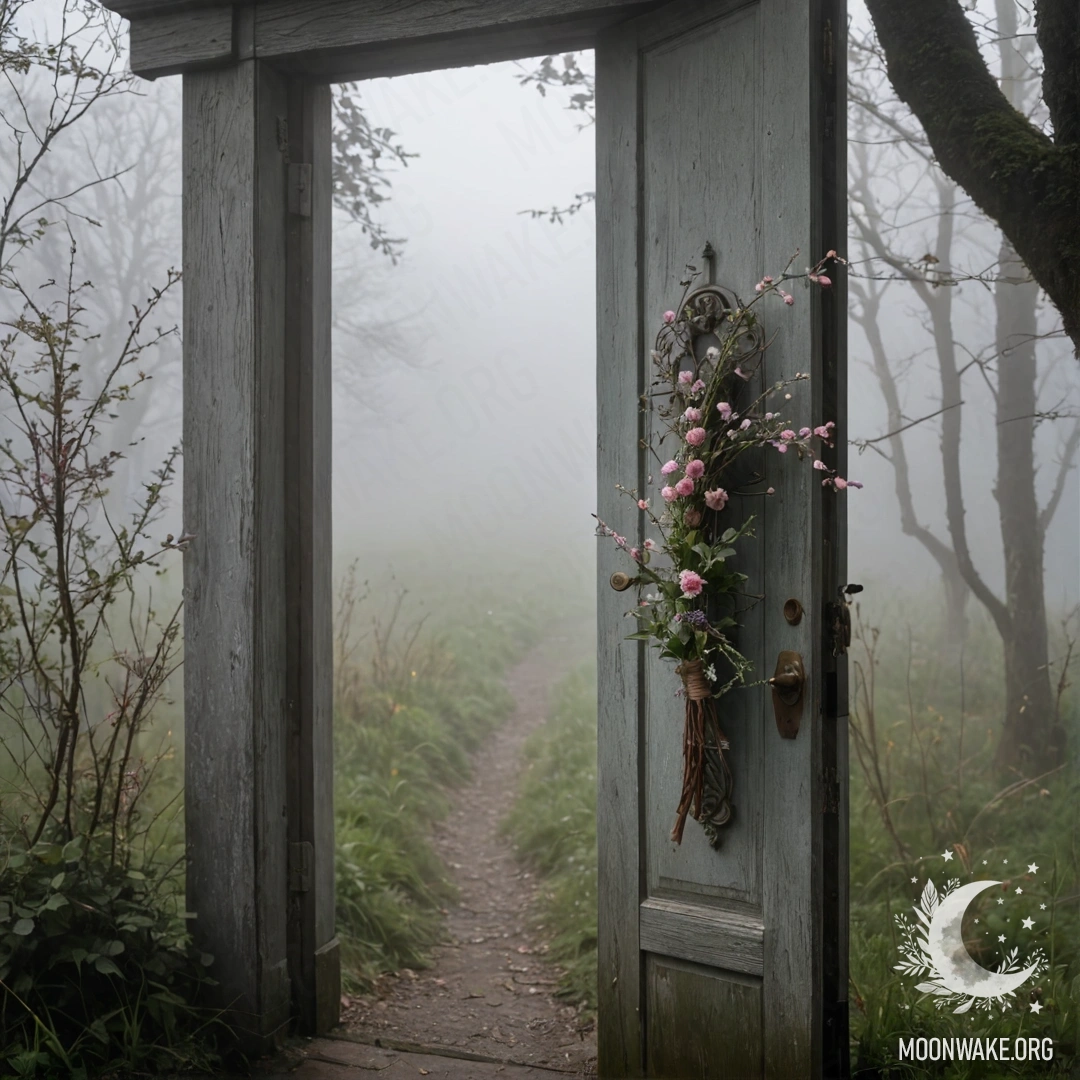 Лохматая дверь, украшенная веточками и цветами в густом тумане.