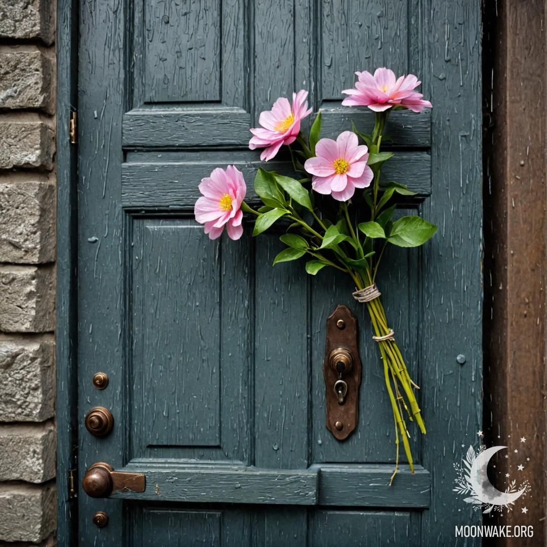 Старая ветхая дверь, украшенная веточками с цветами на ручке, мокрая от дождя.