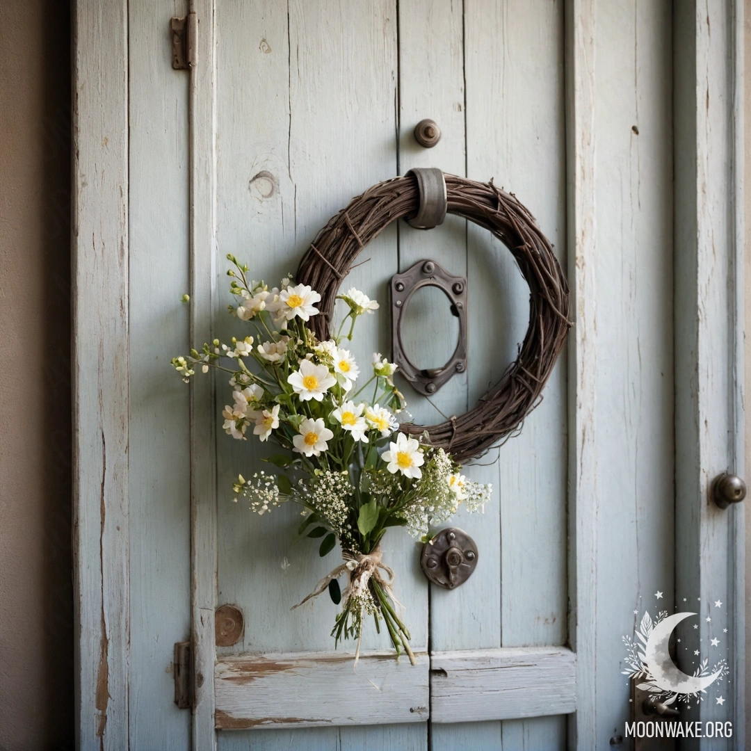 Потертая дверь, украшенная ветками с цветами на ручке, освещенная солнечными лучами.