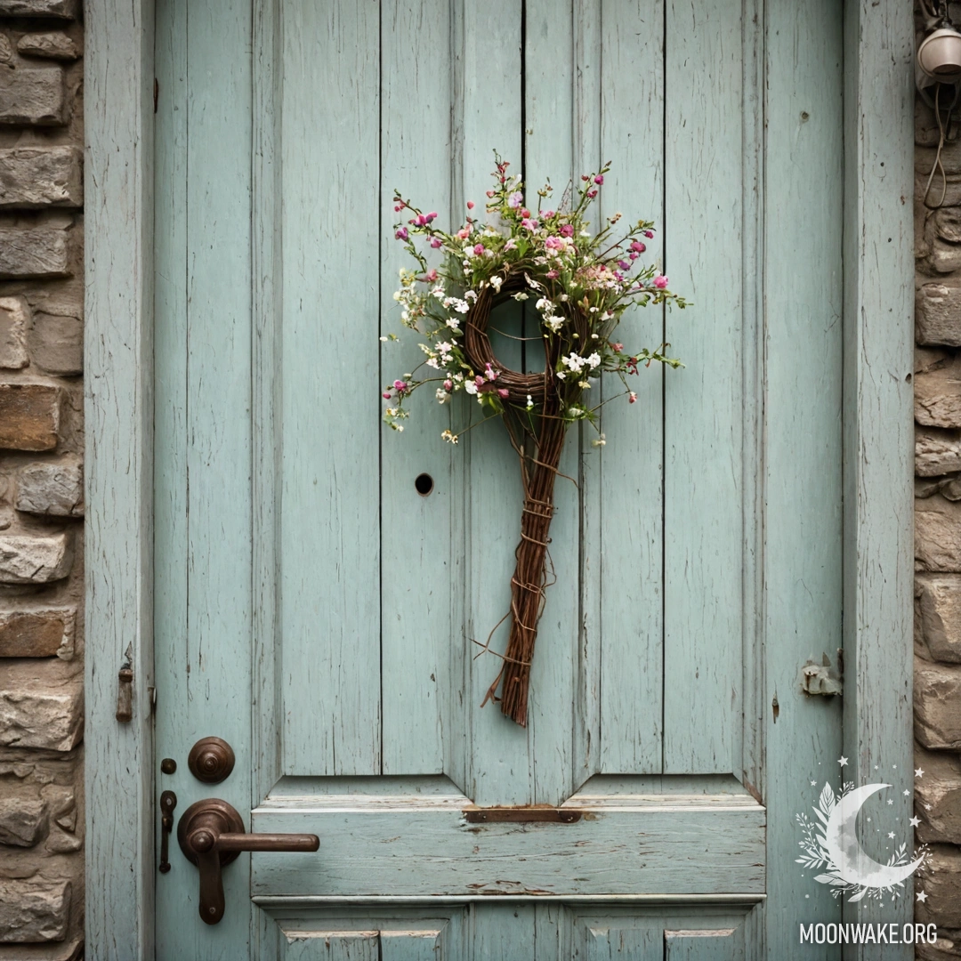 Потёртая старая дверь, украшенная веточками и цветами на ручке, снятая через объектив.