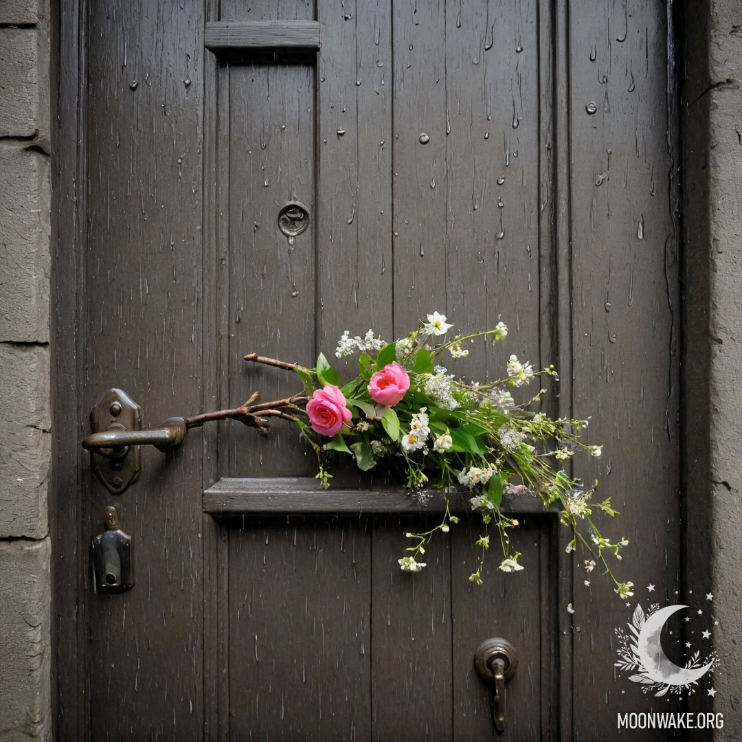 Старая дверь с веточками и цветами на ручке, промокшая под дождем.