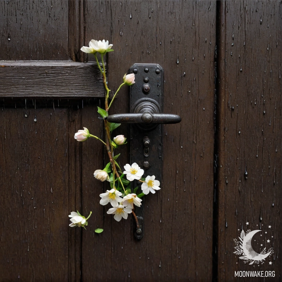 Обшарпанная дверь, украшенная веточками и цветами на ручке, на фоне дождя.