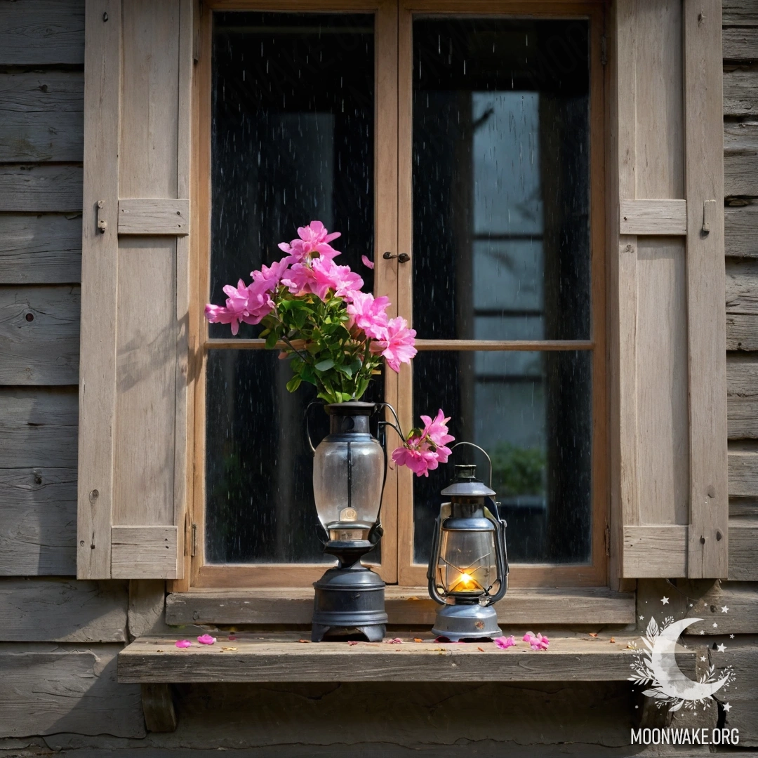 Потёртая дверь, украшенная веточками и цветами, освещённая гирляндой огней.