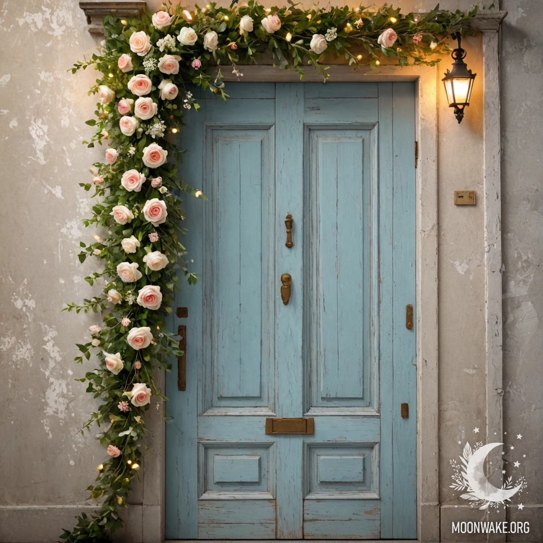 Потертая дверь, украшенная веточками с цветами на ручке, подсвеченная гирляндой.