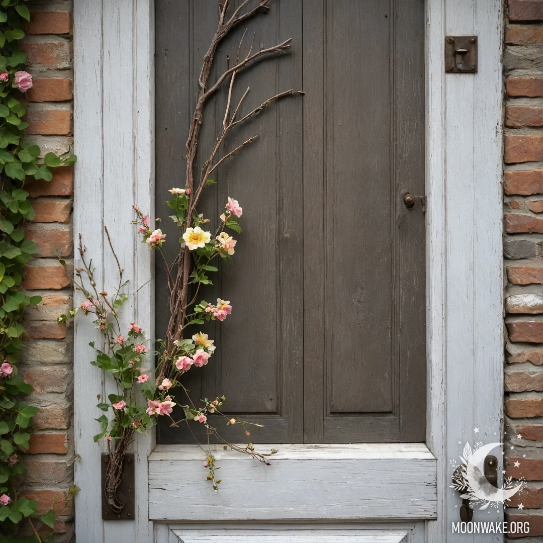 Потертая дверь, украшенная веточками и цветами на ручке.