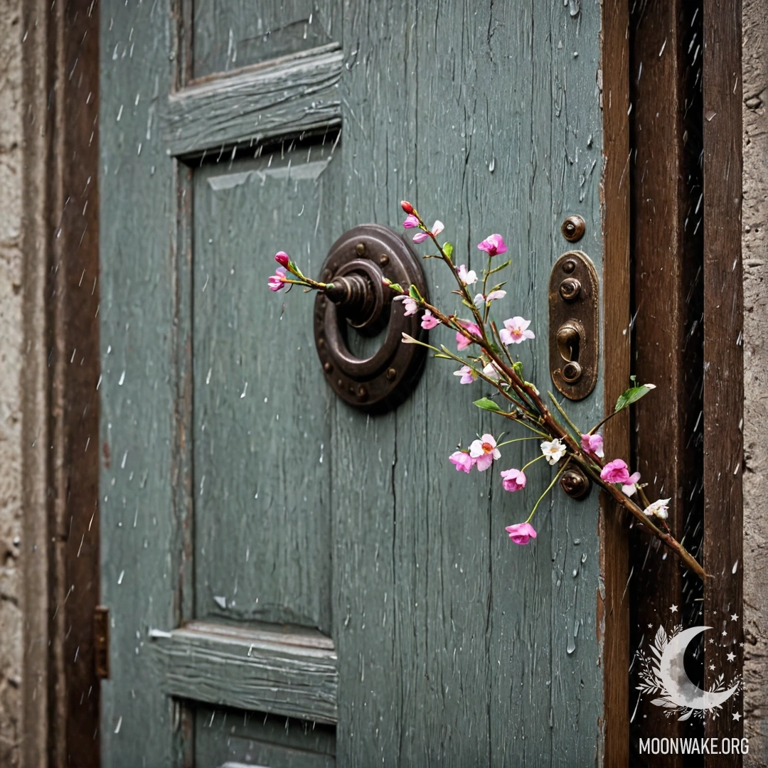 Потертая дверь, украшенная веточками с цветами под дождем.