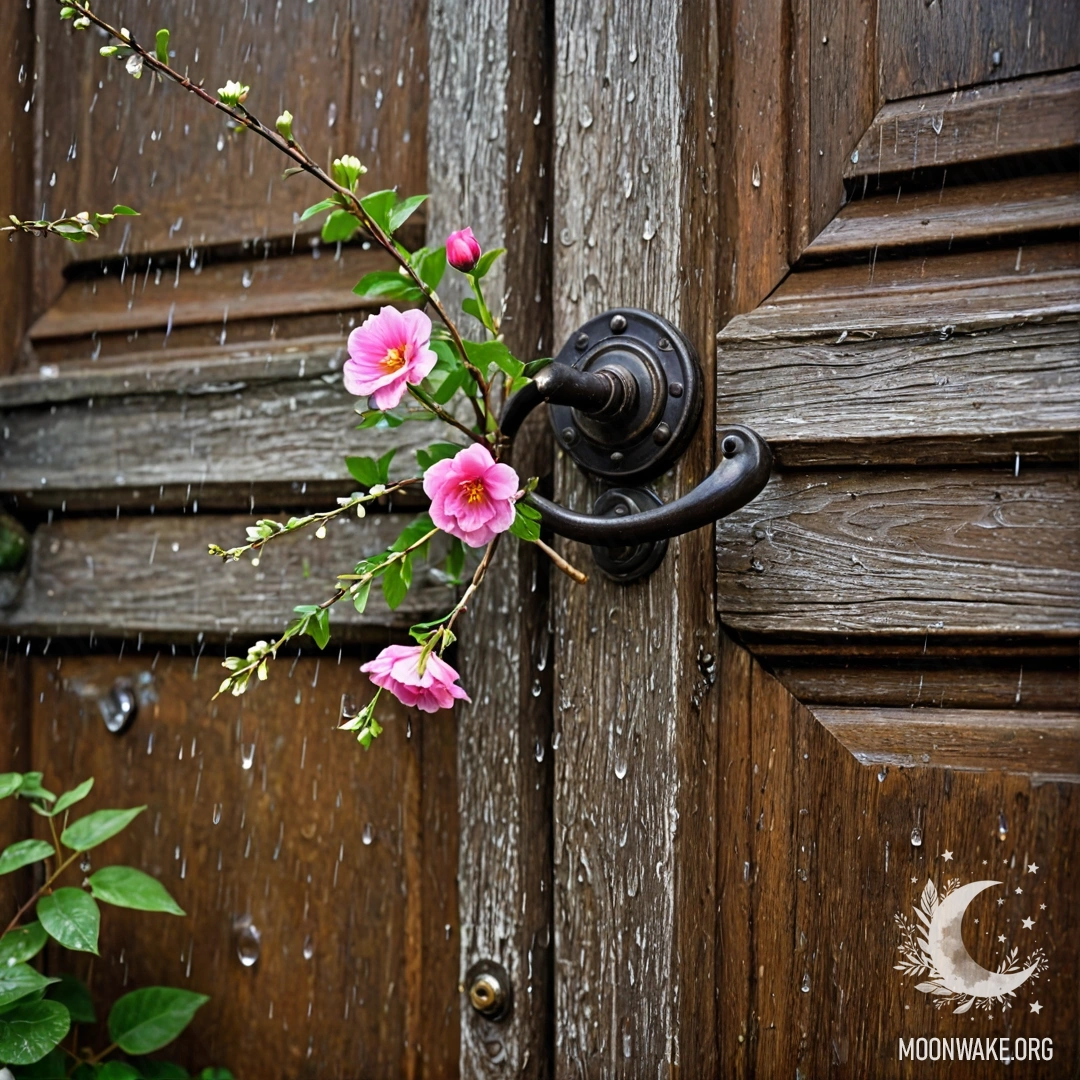 Потёртая дверь, украшенная веточками с цветами под дождём.