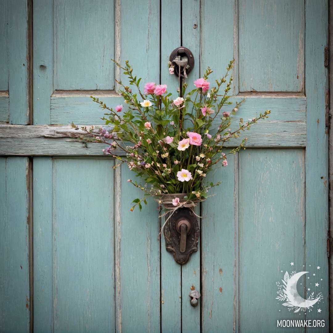 Старинная дверь, украшенная веточками и цветами на ручке.