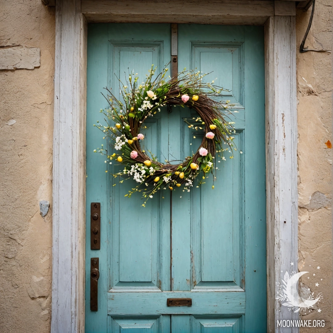 Старая дверь, украшенная веточками и цветами на ручке, освещенная гирляндой.