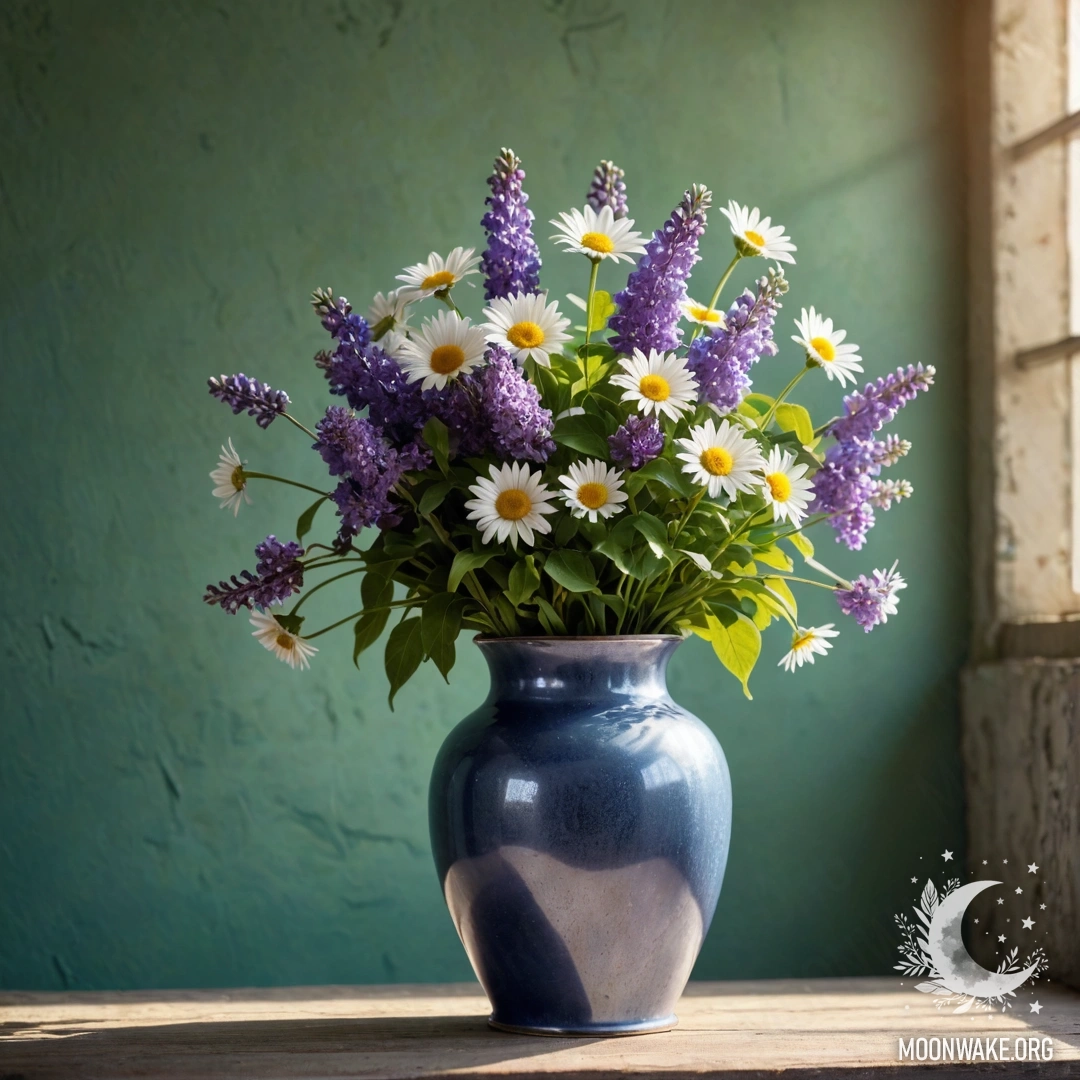 Старая синяя металлическая ваза, заполненная ромашками и сиренью, на фоне зеленоватой стены, озаренной солнечными лучами.