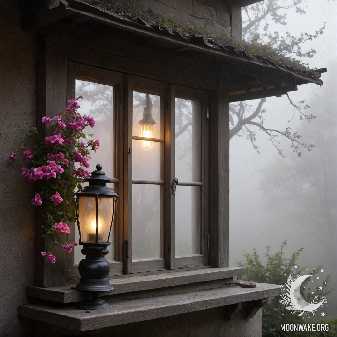Потертое деревянное окно с ставнями, керосиновая лампа над ним и ветка с розовыми цветами, обвивающая окно в густом тумане.