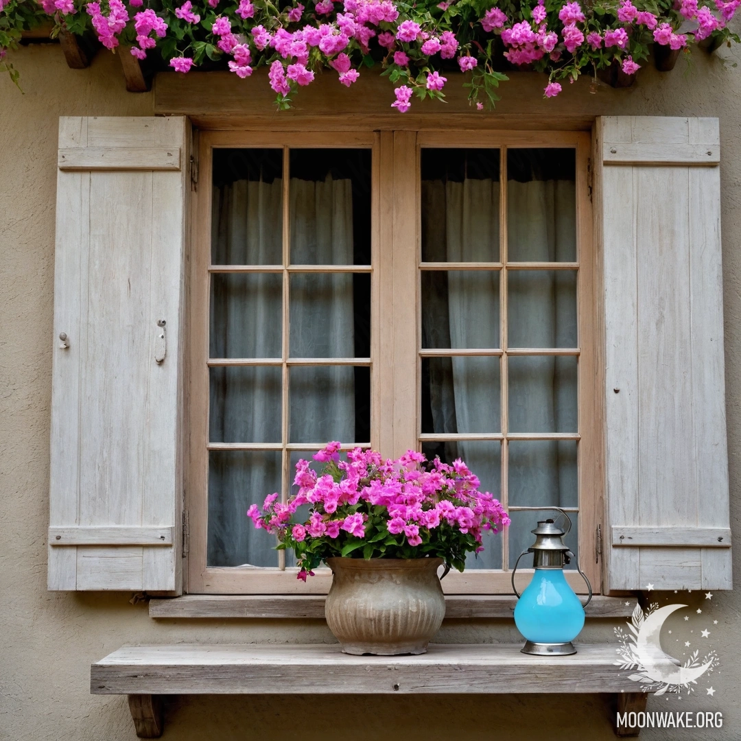 Старое деревянное окно, окруженное розовыми цветами и висящей над ним керосиновой лампой.