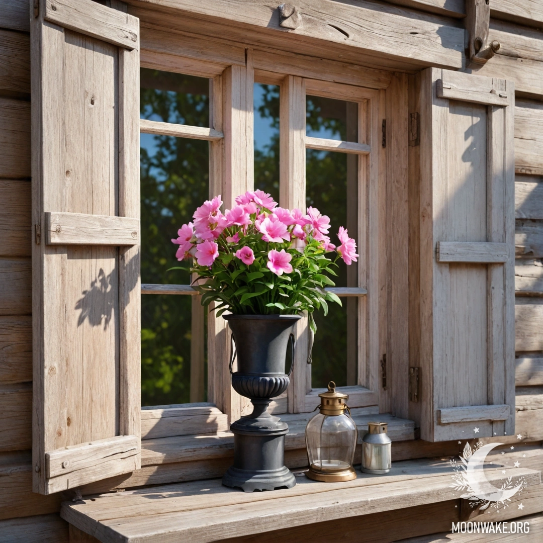 Фотореалистичное изображение потертое деревянного окна с ставнями, висящей над ним керосиновой лампой и розовыми цветами, обвивающими окно, а солнечные лучи проникают внутрь.