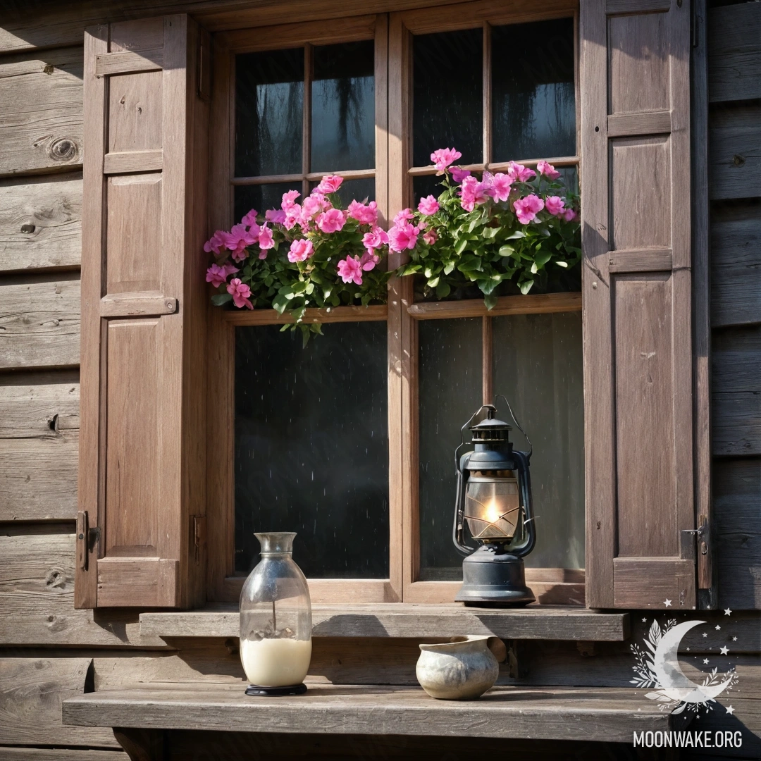 Потертое деревянное окно с ставнями, украшенное розовыми цветами и висящей над ним керосиновой лампой, под дождем.