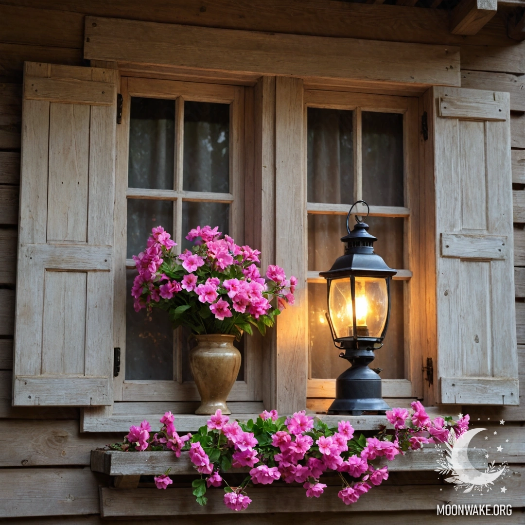 Старое деревянное окно, украшенное розовыми цветами и керосиновой лампой.