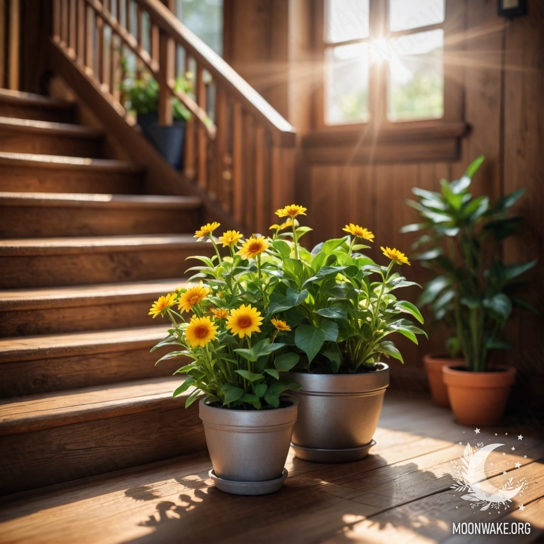 Деревянная лестница, украшенная цветочными горшками на фоне солнечного света.