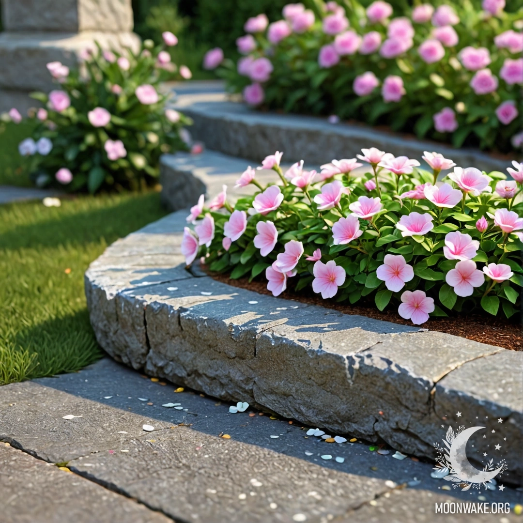 Старый каменный бордюр с растущими за ним небольшими белыми и розовыми цветами, освещёнными гирляндами.