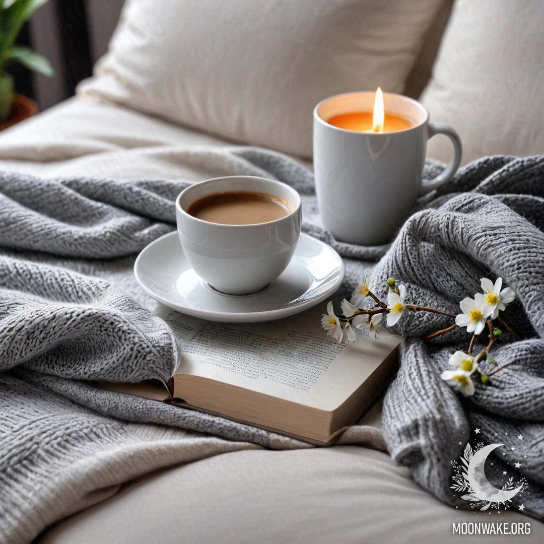 Крупный план уютного белого кресла с серым вязаным пледом, книгой, веточкой с белыми цветами и белой чашкой кофе, запечатленный на закате.