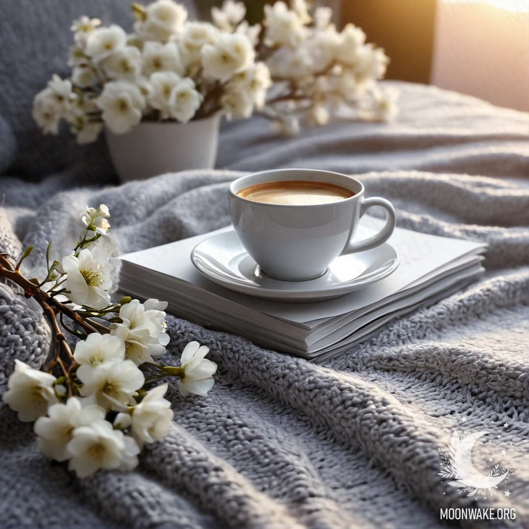 Крупный план красивого белого кресла с серым вязаным пледом, книгой, веткой белых цветов и белой чашкой кофе на фоне теплого света заката.