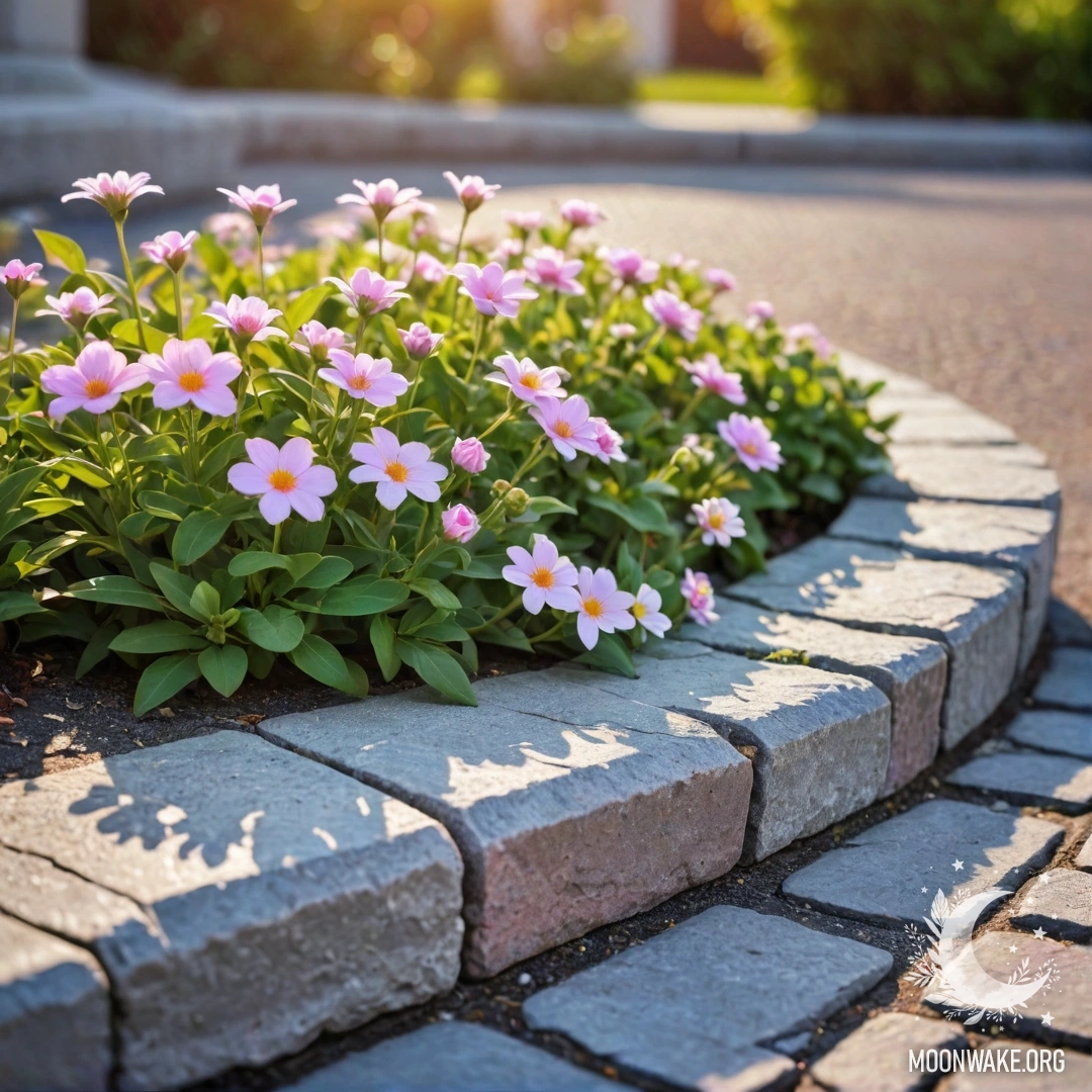 Старый каменный бордюр, украшенный маленькими белыми и розовыми цветами на закате.