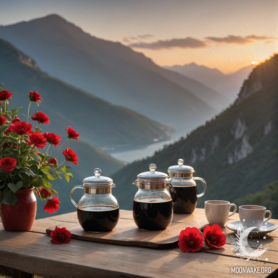 Живописный вид на деревянный стол с банкой красных цветов, кофейником и чашками на фоне величественных гор во время заката.