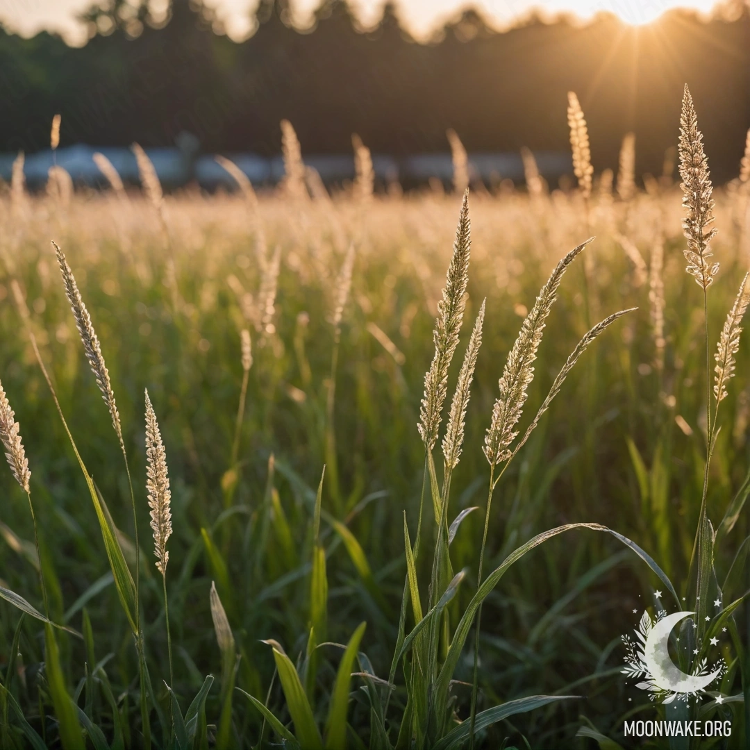 Крупный план травы в поле с размытыми цветами на заднем плане на закате.