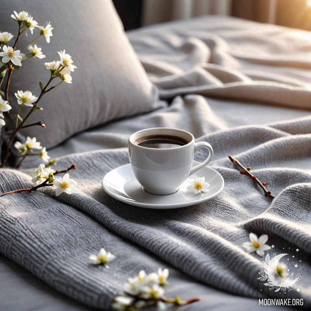 Близкий план милого белого кресла с серым вязаным пледом, книгой, веточкой с белыми цветами и чашкой кофе, запечатленный на закате.