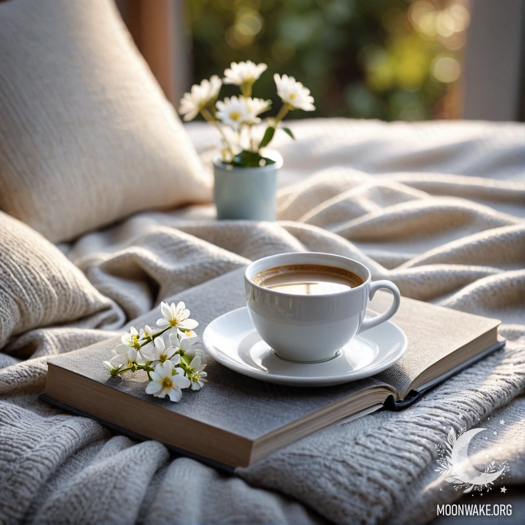 Крупный план белого стула с вязаным пледом, книгой и белой чашкой кофе, украшенным веточкой белых цветов на фоне заката.