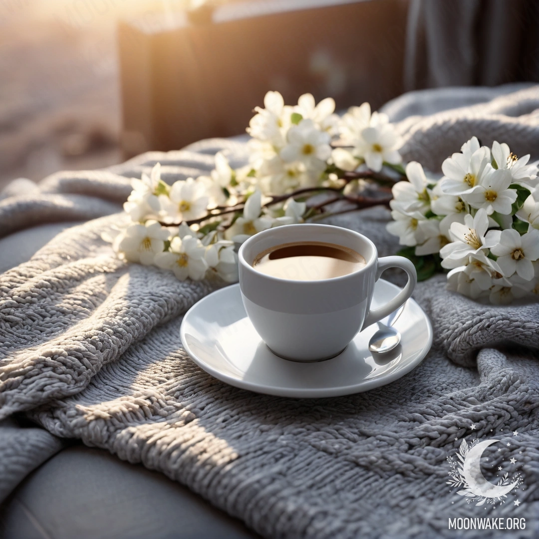 Крупный план красивого белого стула с серым вязаным одеялом, книгой, веточкой с белыми цветами и белой чашкой кофе на фоне заката.
