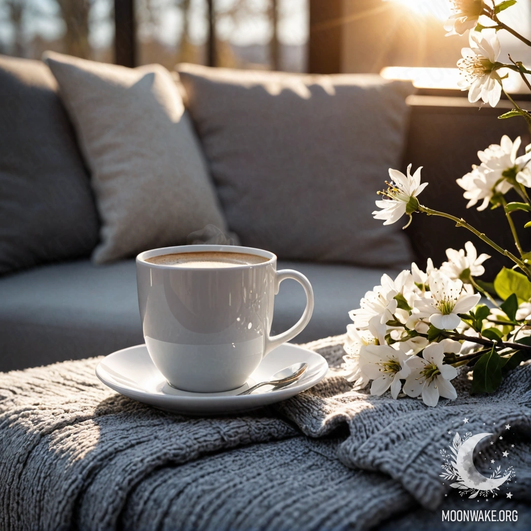 Белый стул, на котором лежит серый вязаный плед, книга, веточка с белыми цветами и белая чашка кофе на фоне заката.