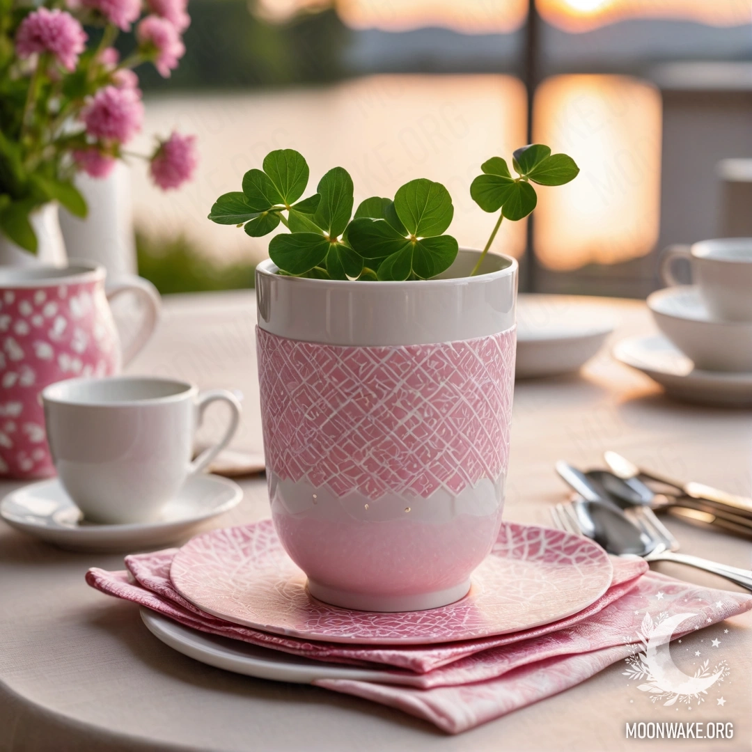 Круглая соломенная салфетка, белые фарфоровые чашки и клевер в вазе на фоне заката.