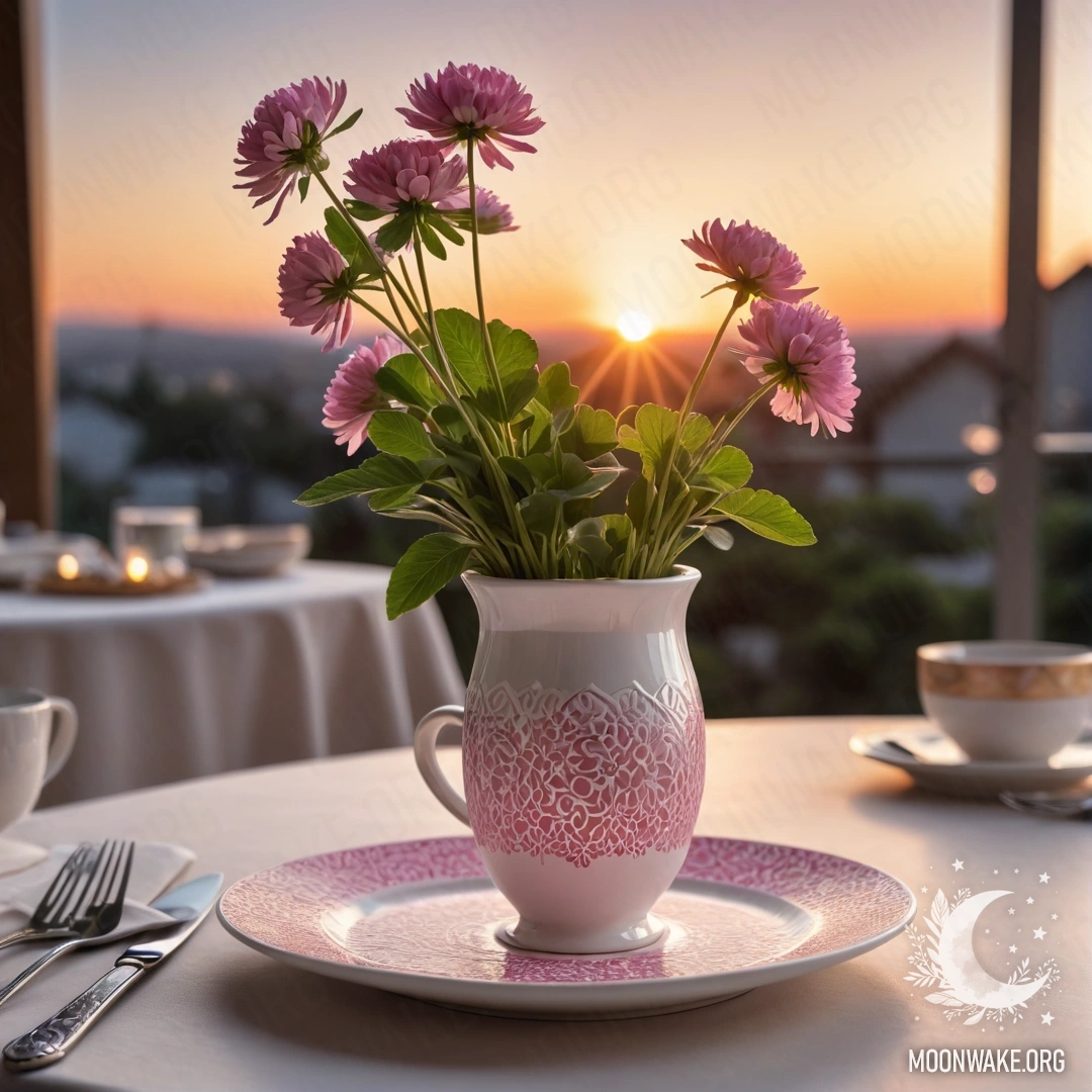 Круглая соломенная салфетка с белыми фарфоровыми чашками с розовым узором, клевер в белой вазе на фоне заката.