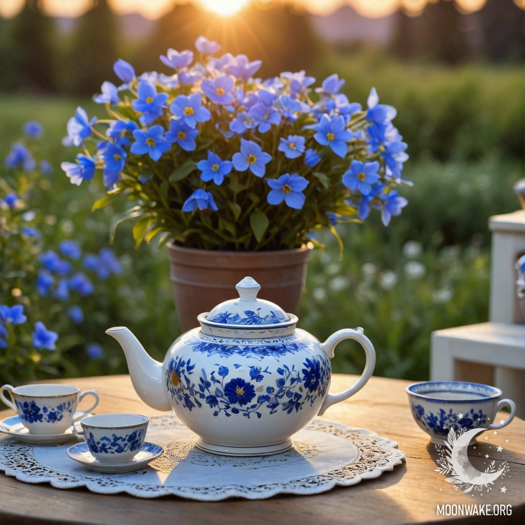 Круглый деревянный стол с фарфоровым чайником, наполненным синими цветами при закате.
