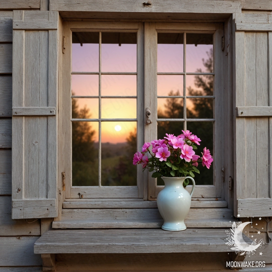 Старое деревянное окно, украшенное розовыми цветами, освещенное керосиновой лампой на закате.