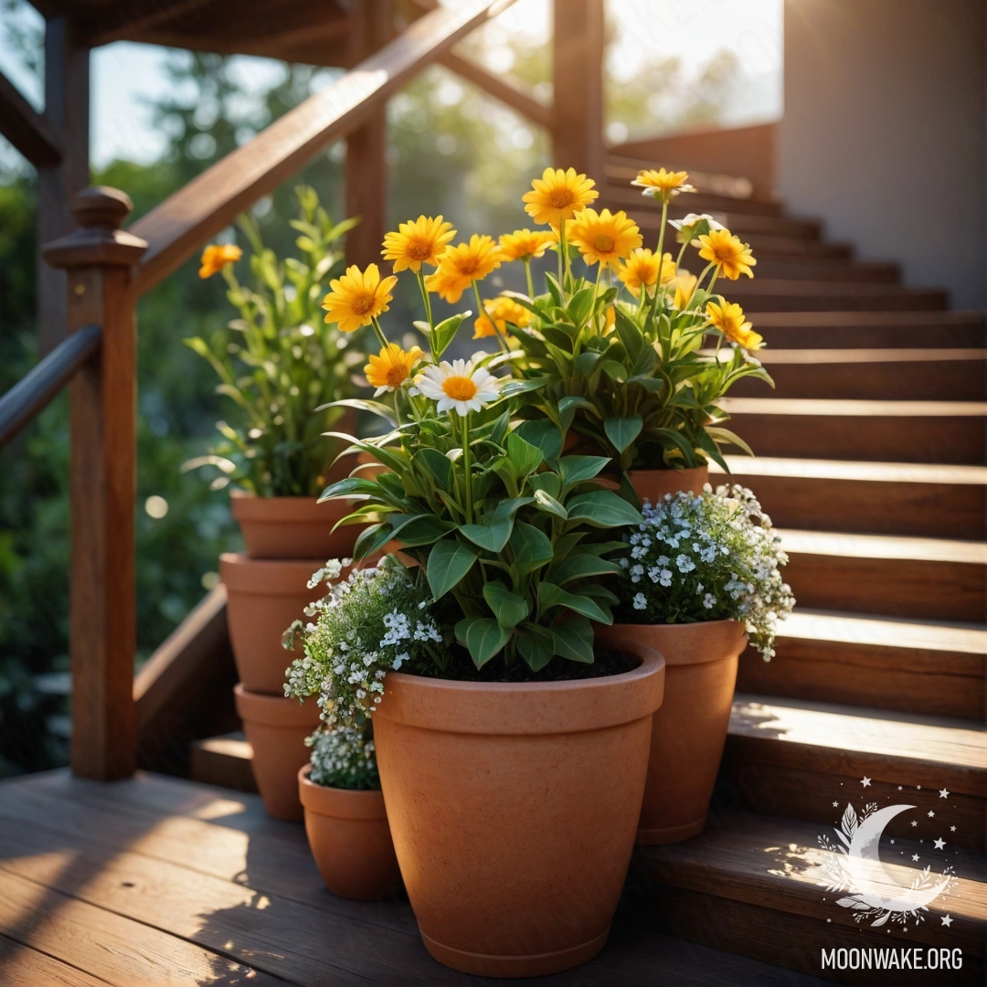 Уютная деревянная лестница, украшенная цветочными горшками на закате.