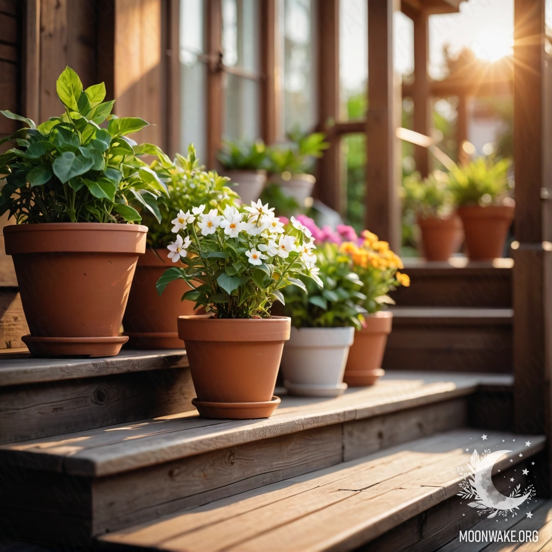 Деревянная лестница, украшенная цветочными горшками на закате.